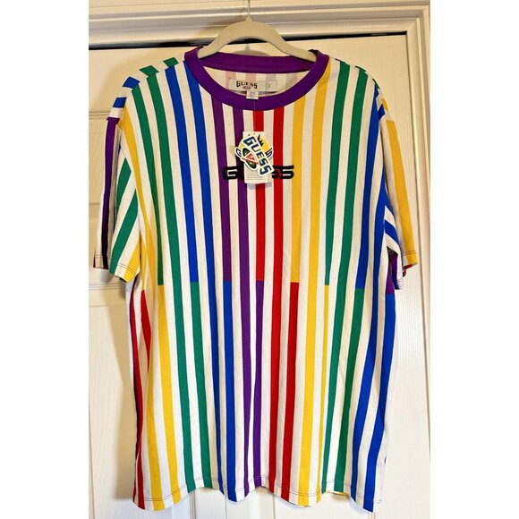 Guess J Balvin 2020 rainbow stripe white t shirt NEW NWT M Medium men  spell out - Picture 1 of 16